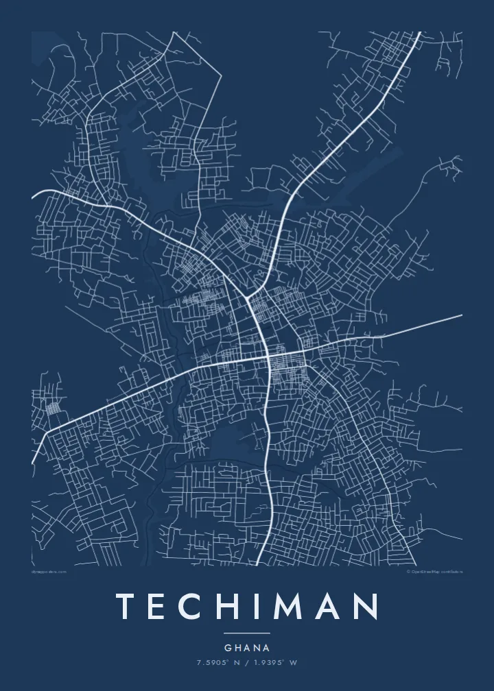 Techiman map poster — Blueprint style