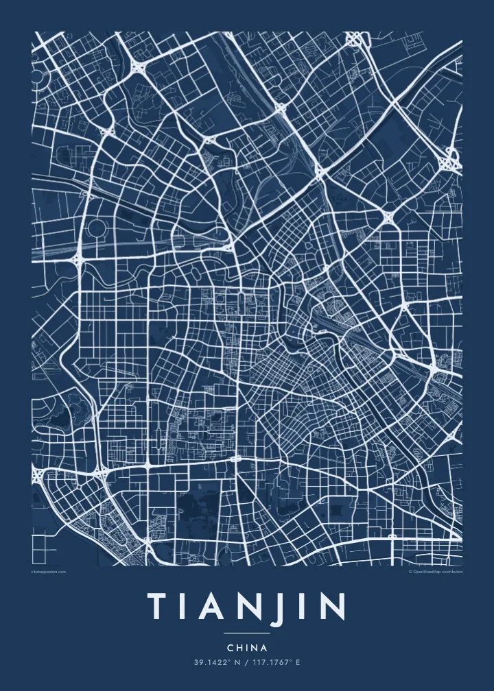 Tianjin map poster — Blueprint style