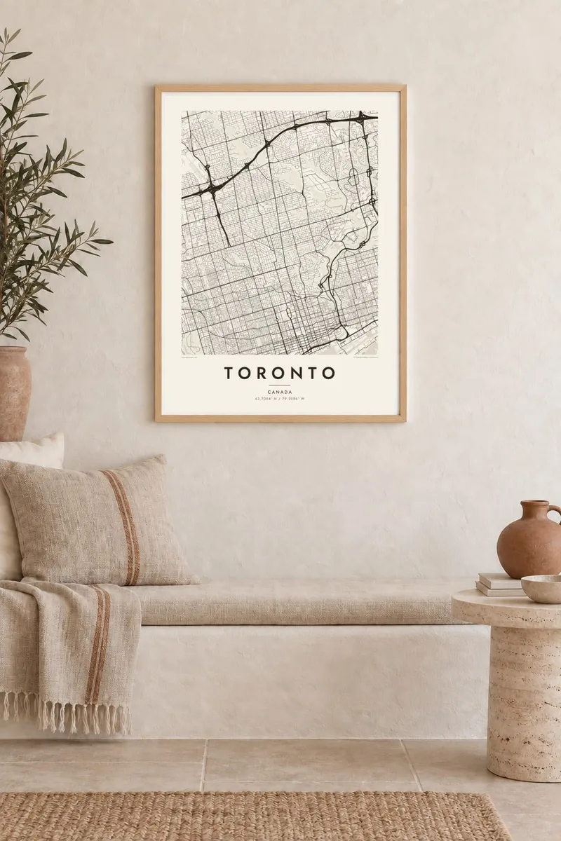 Toronto map poster in an oak frame, mediterranean interior