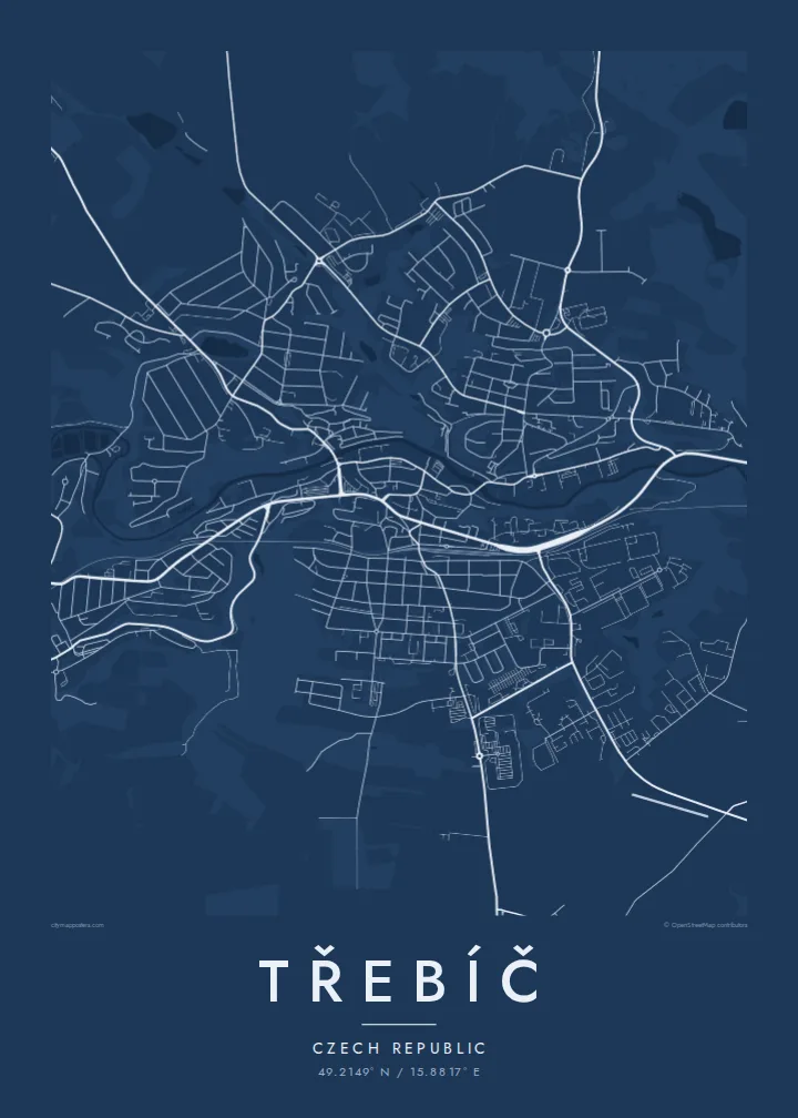 Třebíč map poster — Blueprint style