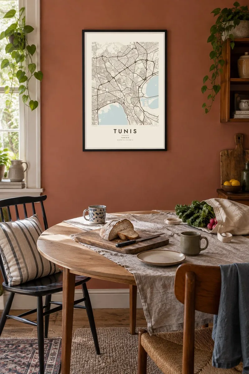 Tunis map poster in a black frame, dining terracotta interior