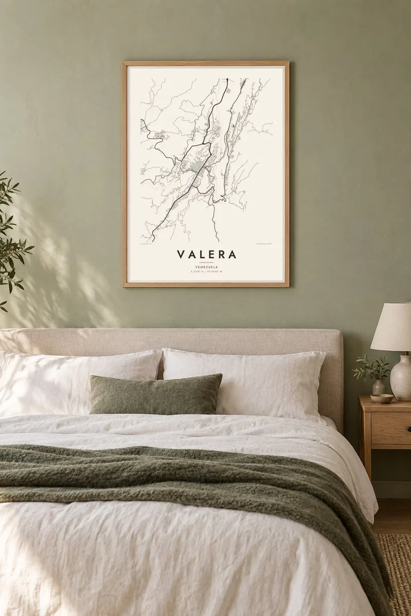 Valera map poster in an oak frame, sage bedroom interior