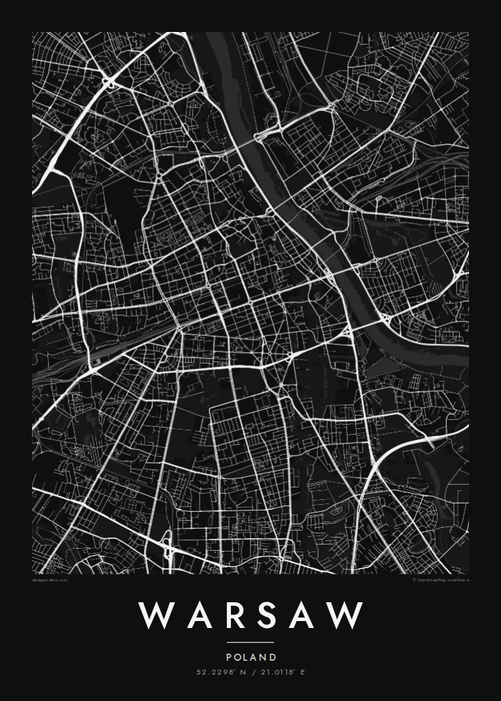 Warsaw map poster — Noir style