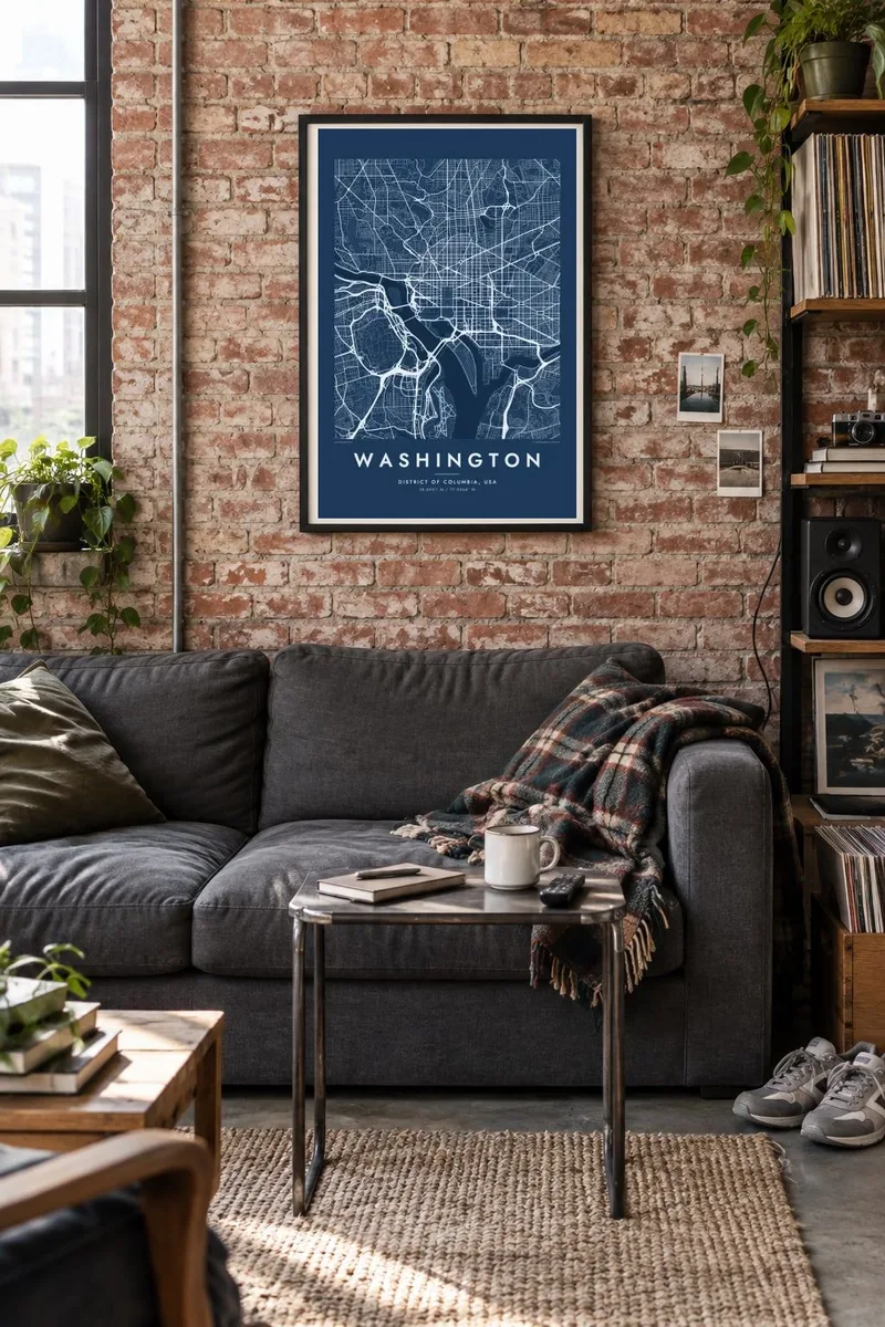Washington map poster in a black frame, brick loft interior