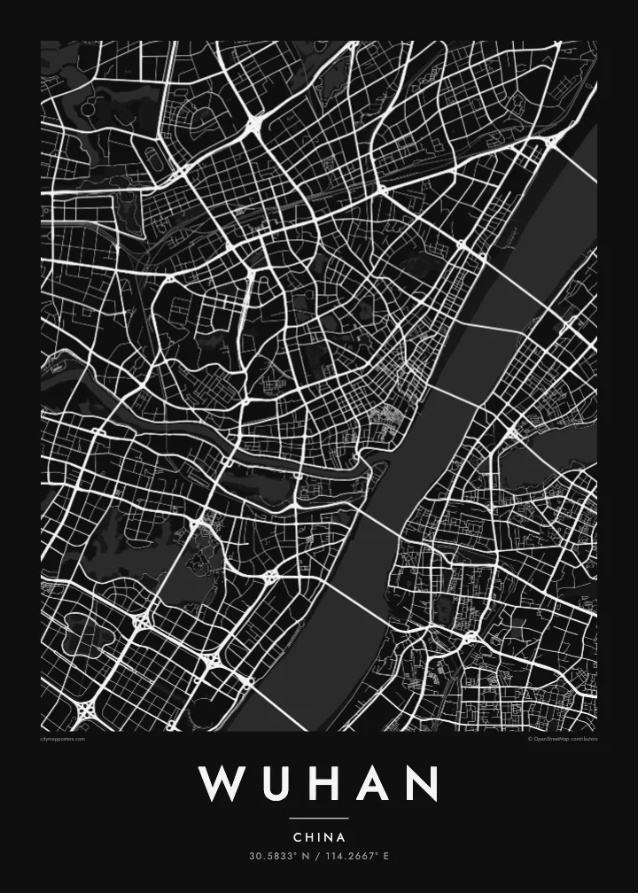 Wuhan map poster — Noir style