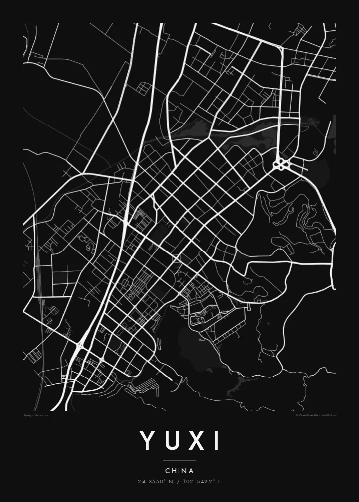 Yuxi map poster — Noir style