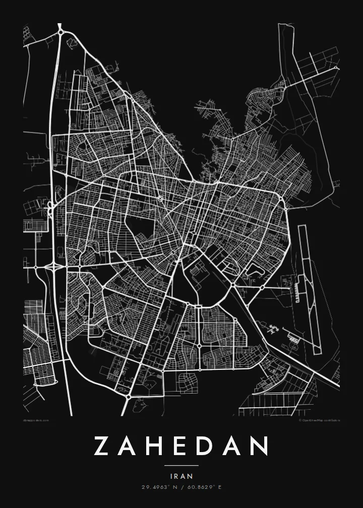 Zahedan map poster — Noir style