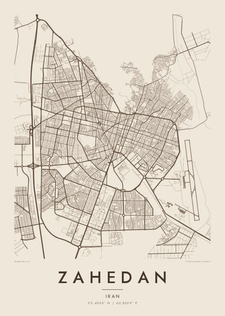 Zahedan map poster — Sand style