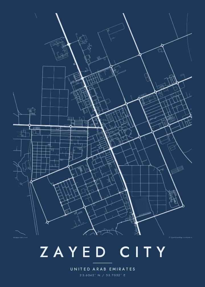 Zayed City map poster — Blueprint style