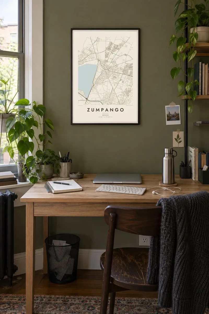 Zumpango map poster in a black frame, desk olive interior