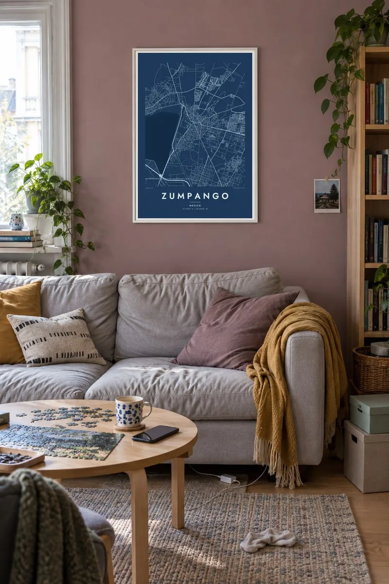 Zumpango map poster in a white frame, soft modern interior